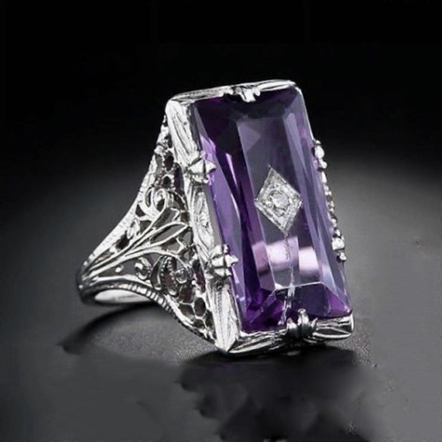Women's Chamfer Rectangular Amethyst Hollow Flower Ring
