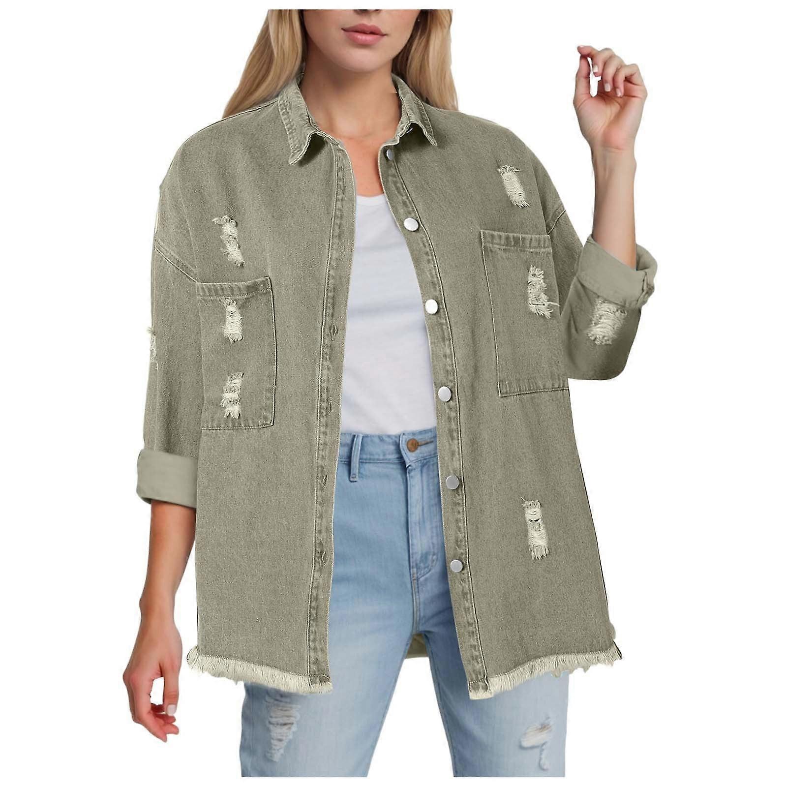 Women's Basic Button Down Stretch Fitted Long Sleeves Denim Jean Jacket AG, XL