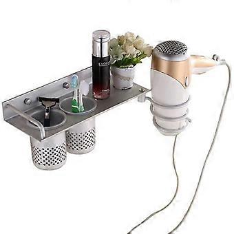 Mega-Deal Aluminum Wall Mounted Hair Dryer Holder Rustproof Shelf with 2 Cups Toothbrush Holders