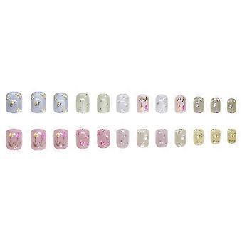 Soft Color Press On Manicure Set with Floral Art, 24 Piece Short Square False Tip Collection and Shine Finish for Daily Wear at Home Multicolor