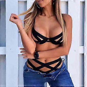 Womens Sexy Bandage Lingerie Push-up Bra Top Briefs Hollow Underwear Set Solid Nightwear-inst