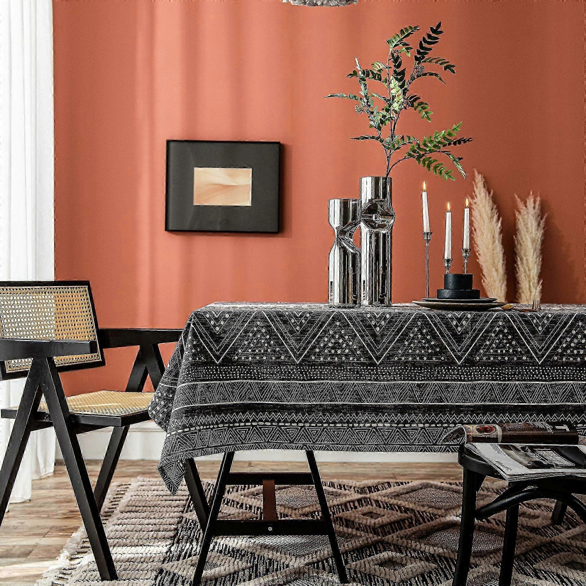 Black Tablecloth Geometric Triangle Printed Cotton Linen Rectangular Table Cloth 25-26