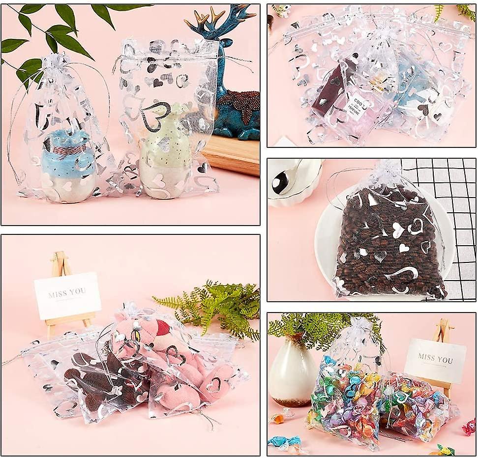 100pcs Heart Pattern Sheer Organza Gift Bags - Wedding Candy Bags, Jewelry Pouches