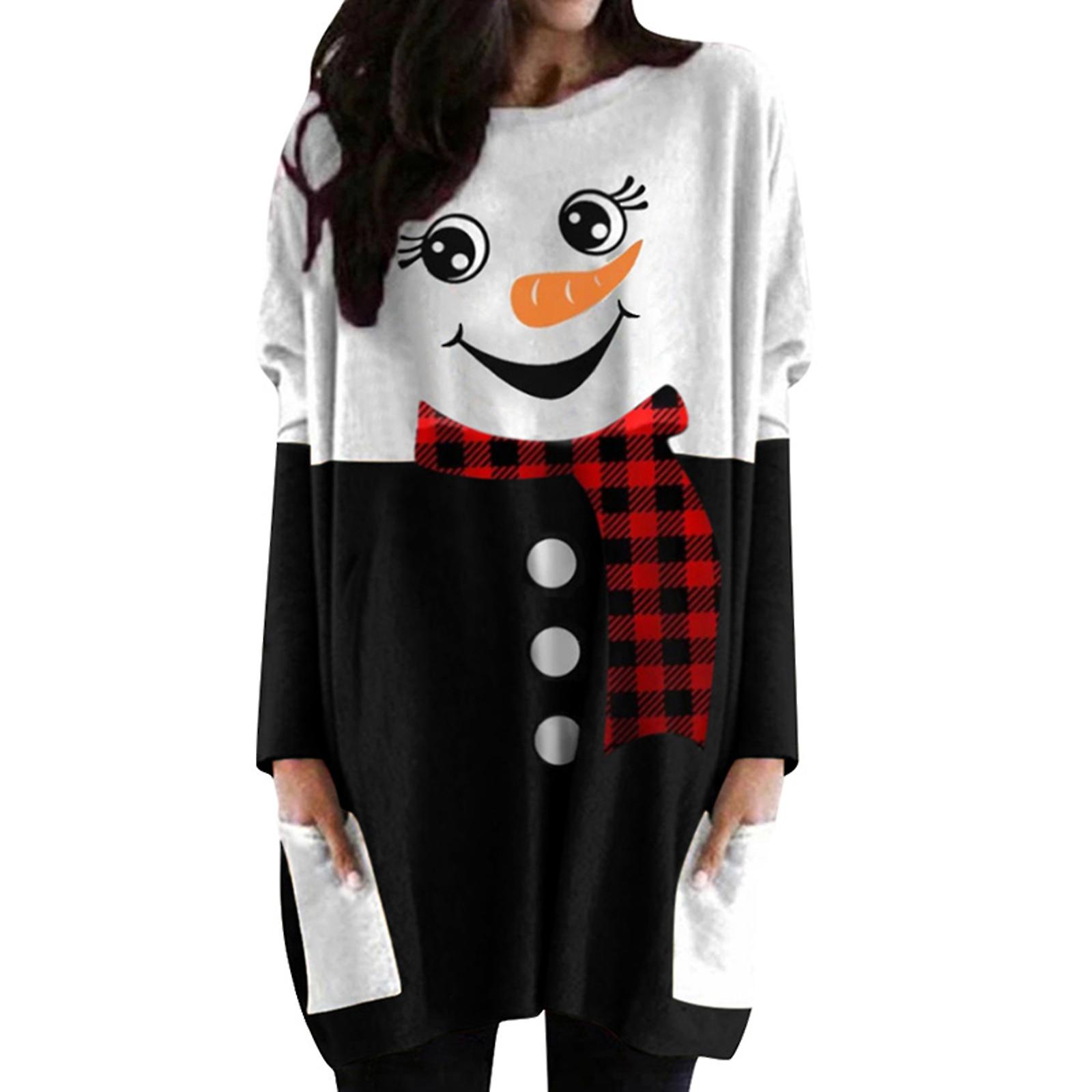 Christmas Snowman Print pitkähihainen mekko ylisuuri toppi taskulla