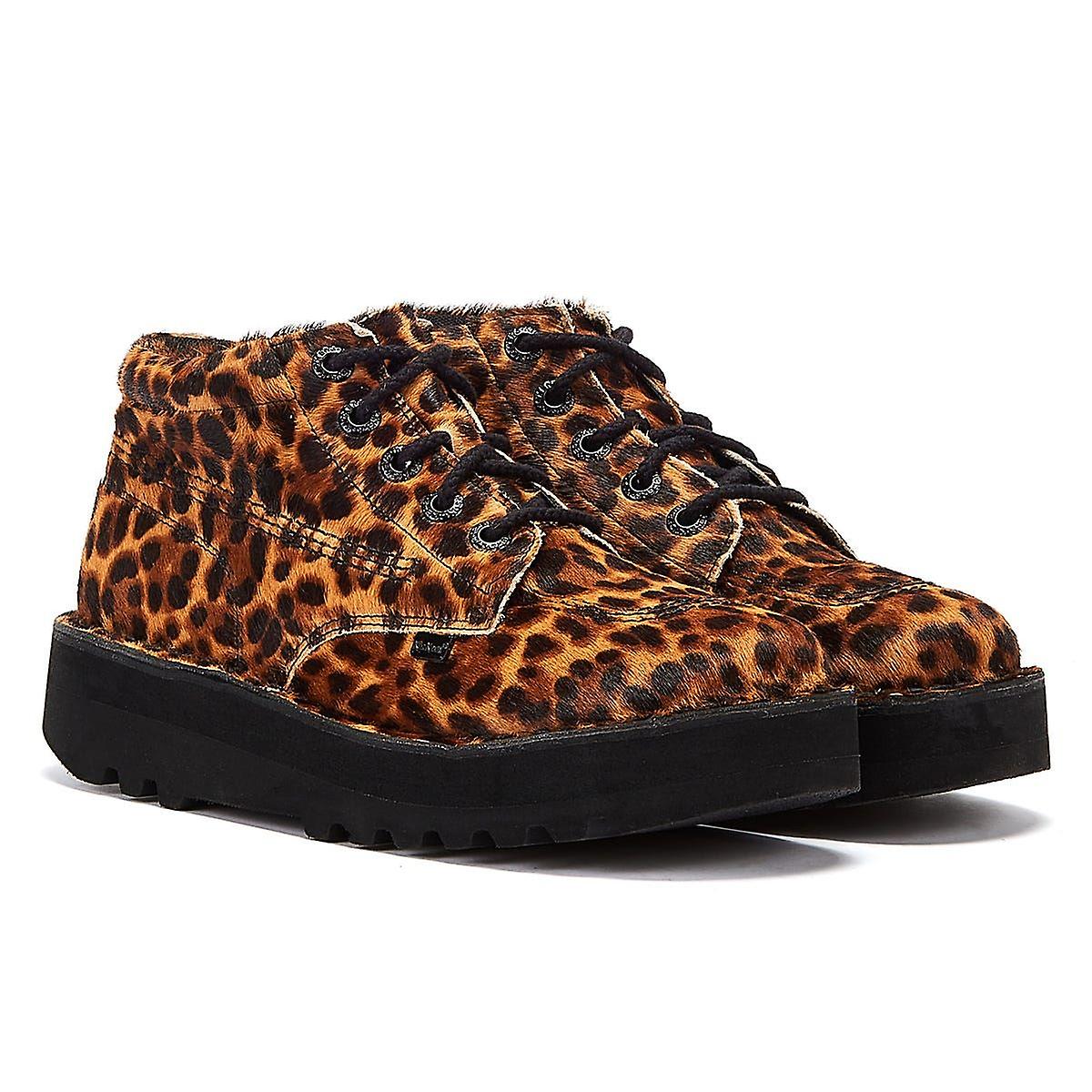 Kickers Kick Hi Stack Leopard Pony Hair Womens Brown Boots