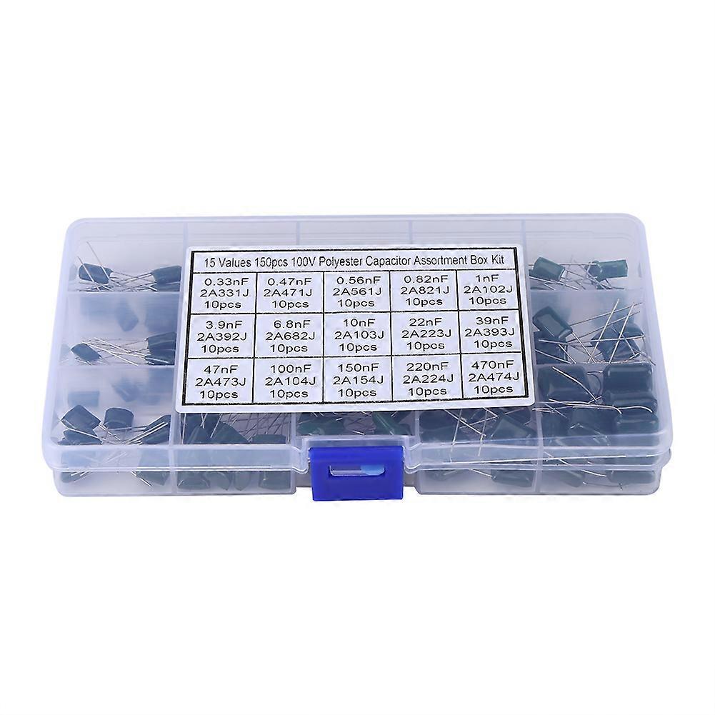 150pcs 100V 15 Value 0.33nF-470nF Polyester Film Capacitors Assortment Kit Box