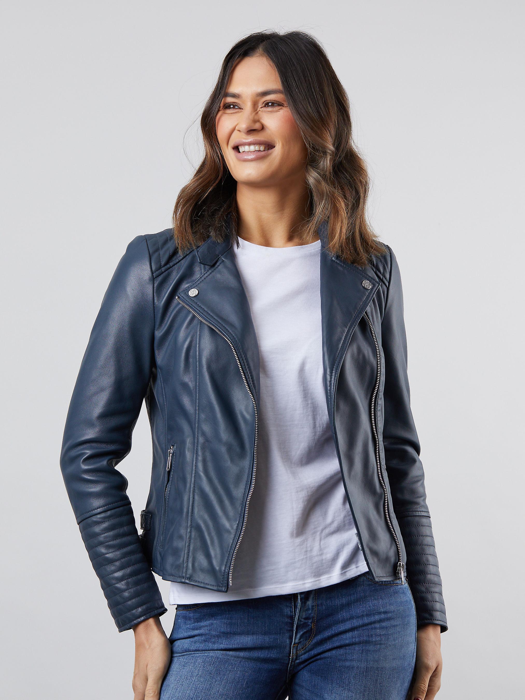 Toni Leather Biker Jacket in Navy