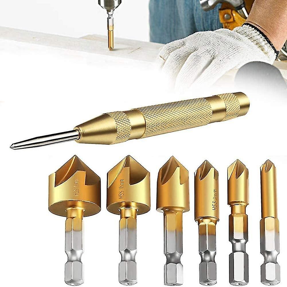 6 Pack HSS 5 Hex Shank Countersink Countersink Bits with 5" Auto Center Punch Deburring Tools for St
