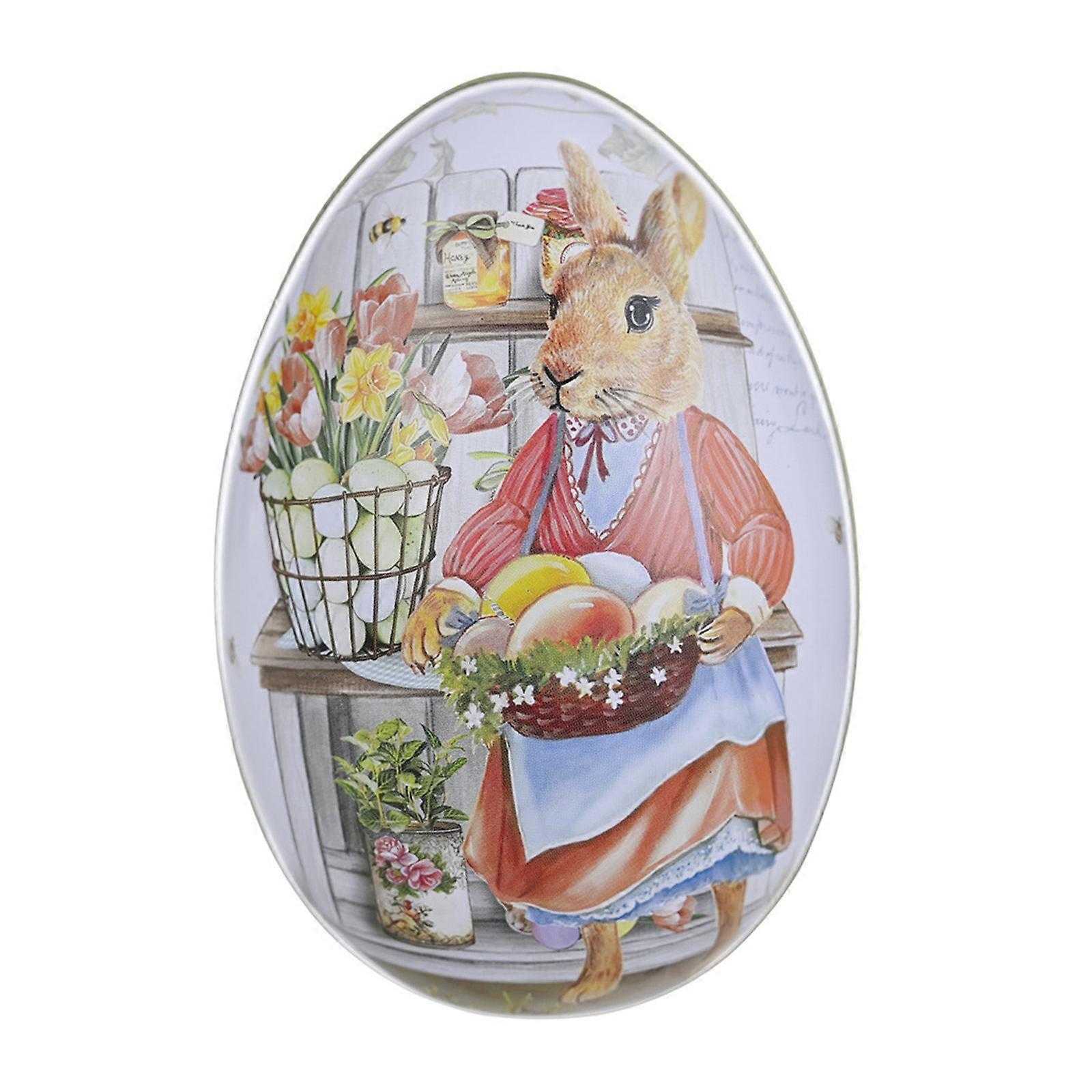 unbrand for Creative Cute Tinplate Organizer Bunny Printed Metal Easter Egg Shaped Candy Box Chocola