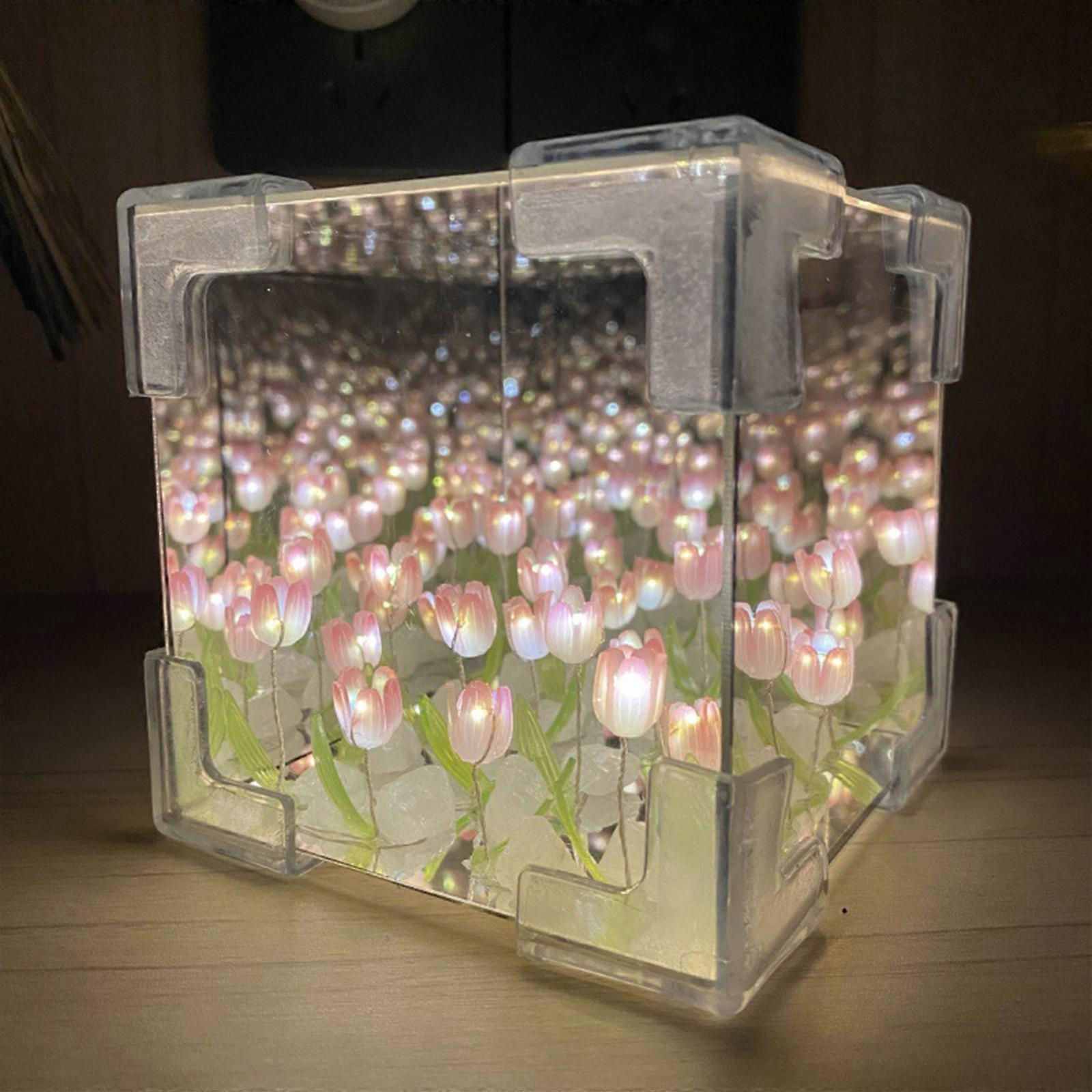 Tulip Night Light, DIY Tulip Cube Mirror Lamp, LED Flowers Tulip Light, Desk Lamp with Adjustable Brightness for Table, Bedroom, Home Decoration