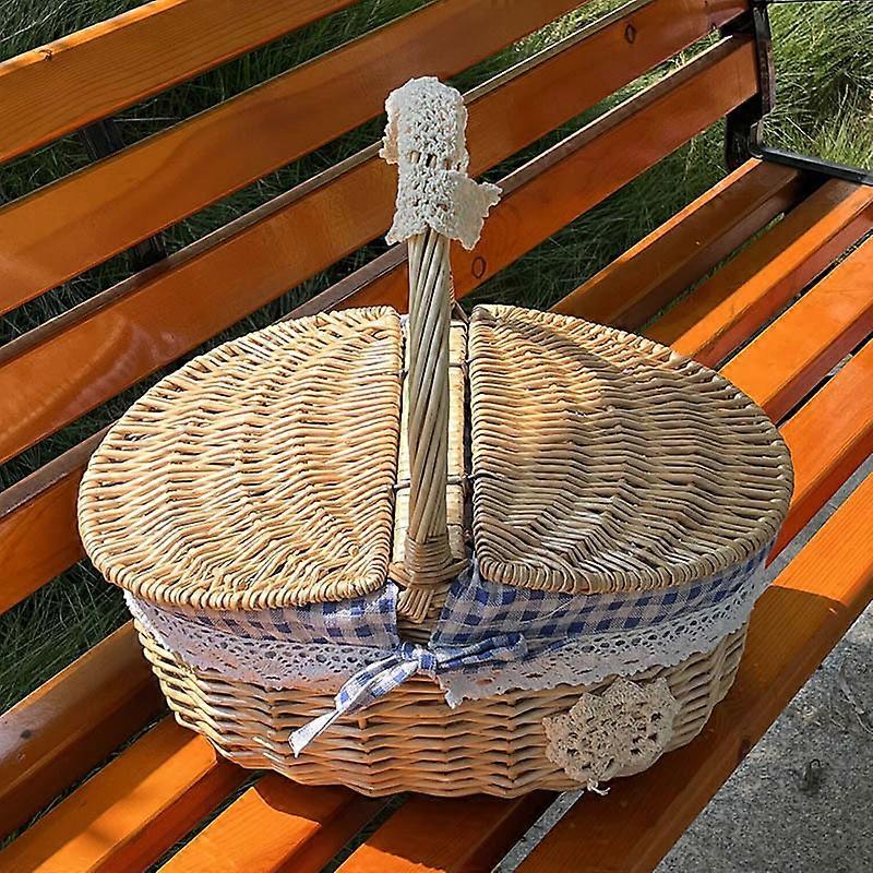 Wicker Picnic Basket with Lid and Handle, Woven Picnic Basket, Handmade Candy Basket, Easter Eggs Storage Basket, Wine Basket, Natural Willow Empty Ba
