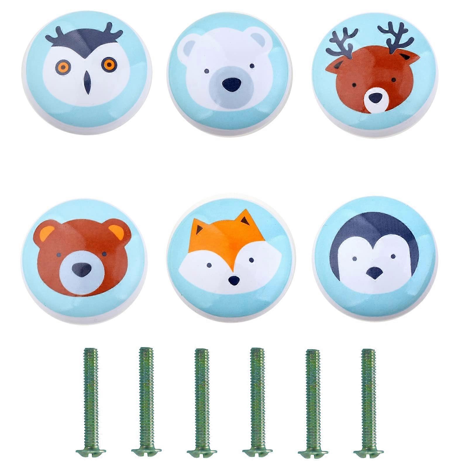 6 Pieces Ceramic Animal Pattern Knobs Handle, Ceramic Round Handle, Cute Animal Furniture Handle with Scr WDI