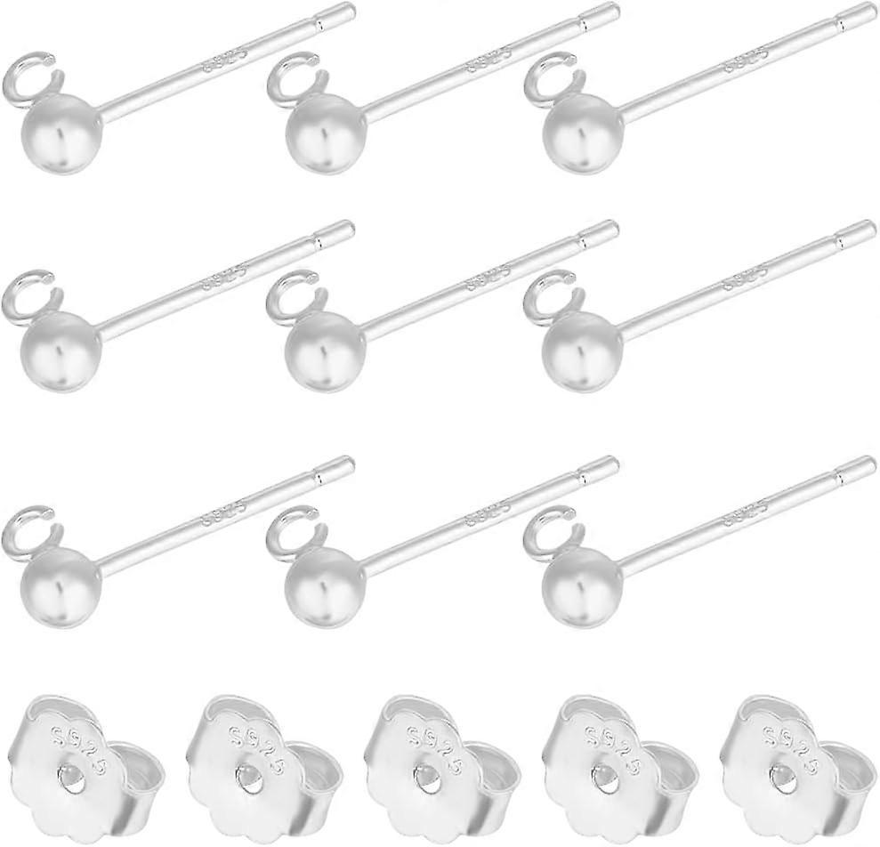 1Box 10Pcs Ball Stud Earring Findings Sterling Silver Round Geometry Ear Pin Post Loop Components with Ear Nuts Earring
