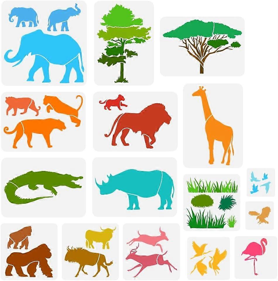 16PCS African Animals Stencil Trees Grass Plants Drawing Template