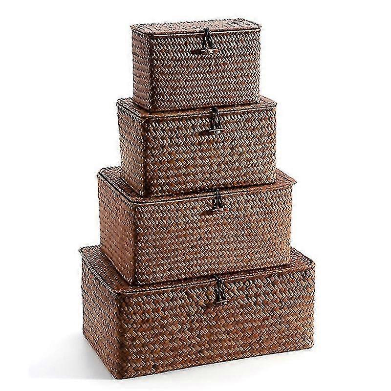 woven straw storage bins with lid - set of 4 - rectangular basket
