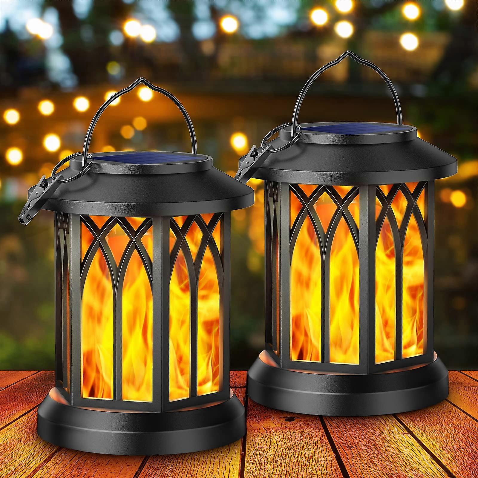 Outdoor Solar Garden Hanging Lamp, 2 Pieces Outdoor Solar Light with Realistic Flame Effects, IP65 Waterproof Outdoor Garden Decor Lantern with Clips 