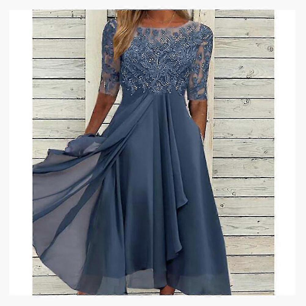 Spitzenapplikationen Kleid Midi Kurzarm Abendkleider Lässiges All-Match Kleid für Hochzeit-Y