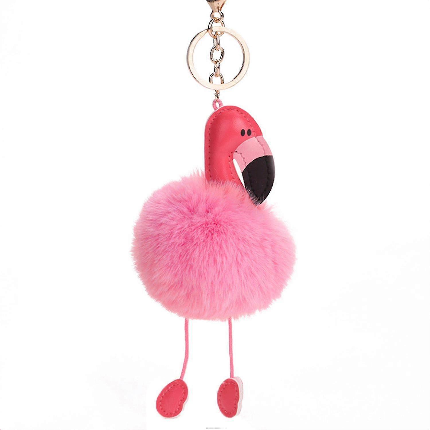 Merryso Key Chain PU Leather Flamingo Shape Adorable Fur Ball Fluffy Key Chain for Daily Wear