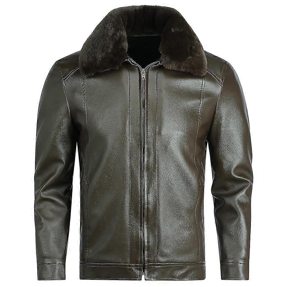 Mens Winter Solid Color Fur Collar Lapel Leather Jacket