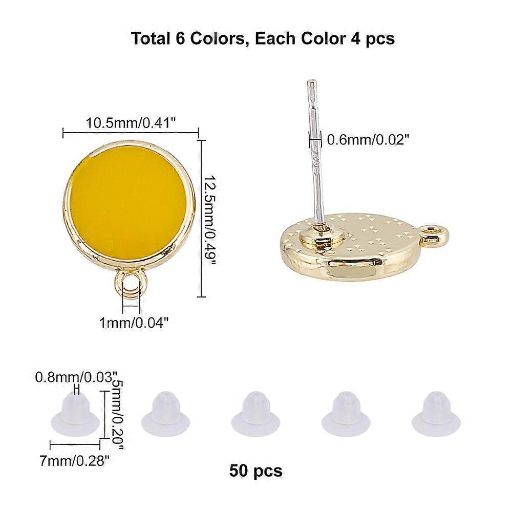 24Pcs 6 Colors Alloy Enamel Stud c with 0.6mm 925 Sterling Silver Pins and 50Pcs Plastic Ear Nuts Flat Round Earring Post with Loop for Jewelry Making