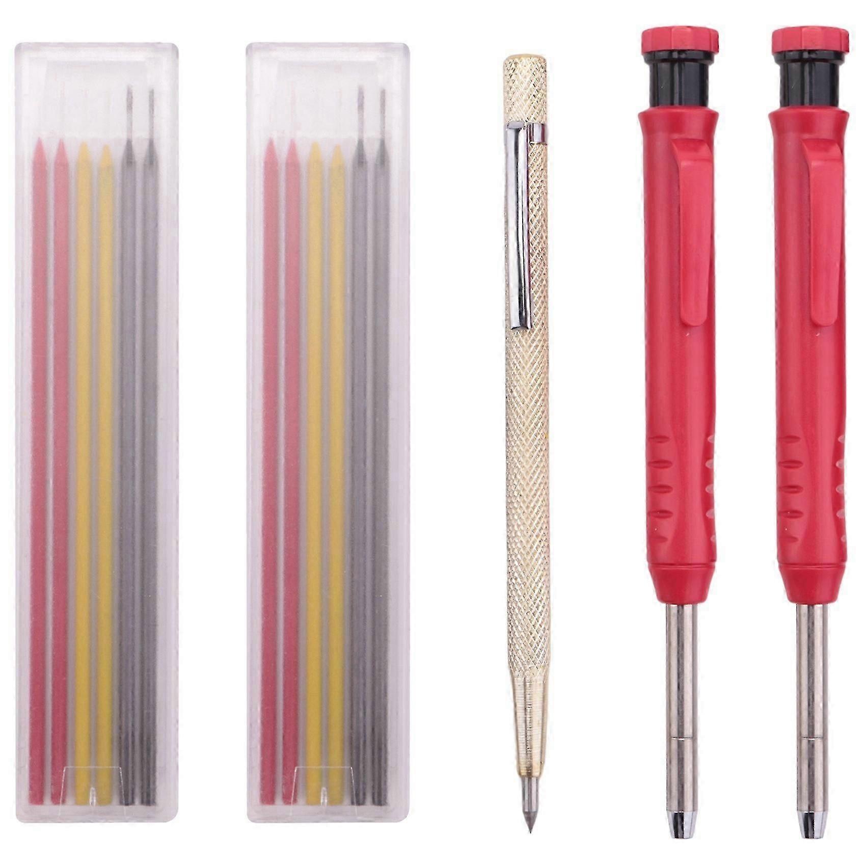Deep Hole Carpenter Pencils Set 2pcs Mechanical Solid Pencil With 14 Refill Leads And Carbide Scrib