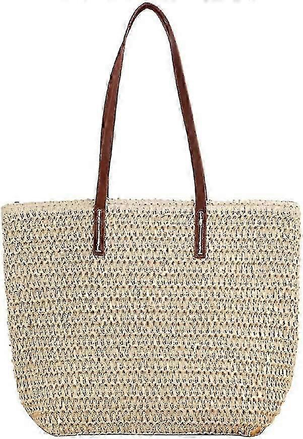 المرأة المنسوجة يدويا القش حقيبة الكتف كبيرة الصيف الشاطئ الجلود مقابض حقيبة يد حمل مع سستة