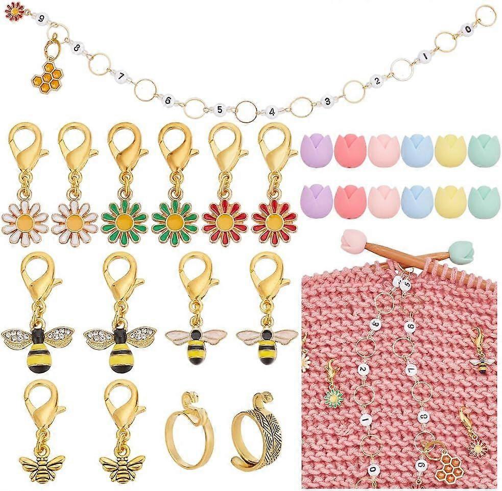 12 Pcs Bee Stitch Markers 12 Pcs Knitting Needle Stoppers 2 Pcs Yarn Guide Finger Holders with Number 0-9 Knitting Row Counter Chain for Knitting Croc