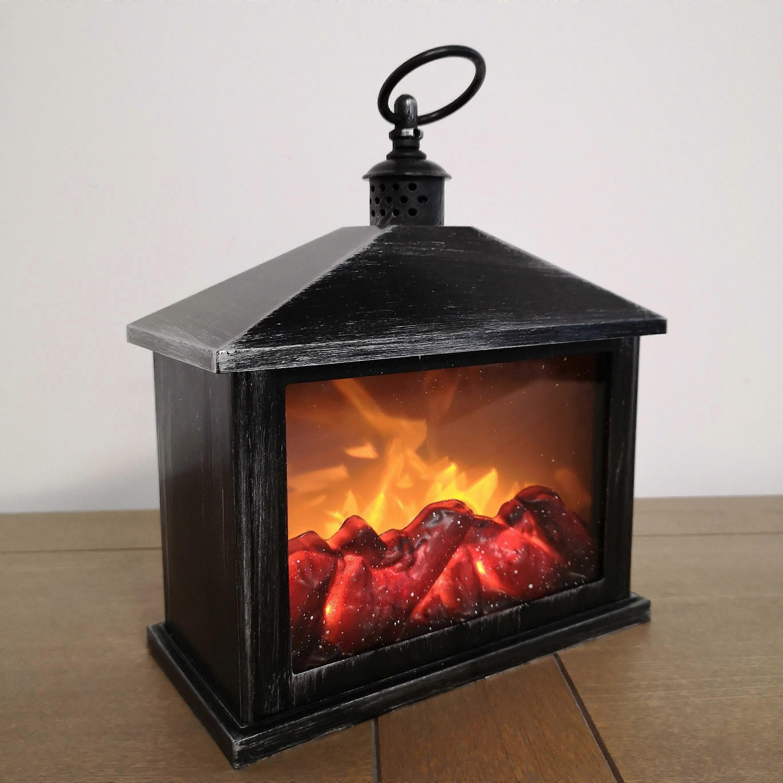 28Cm Premier Christmas Battery Fireplace Lantern With Realistic Flame Effect In Rustic Silver
