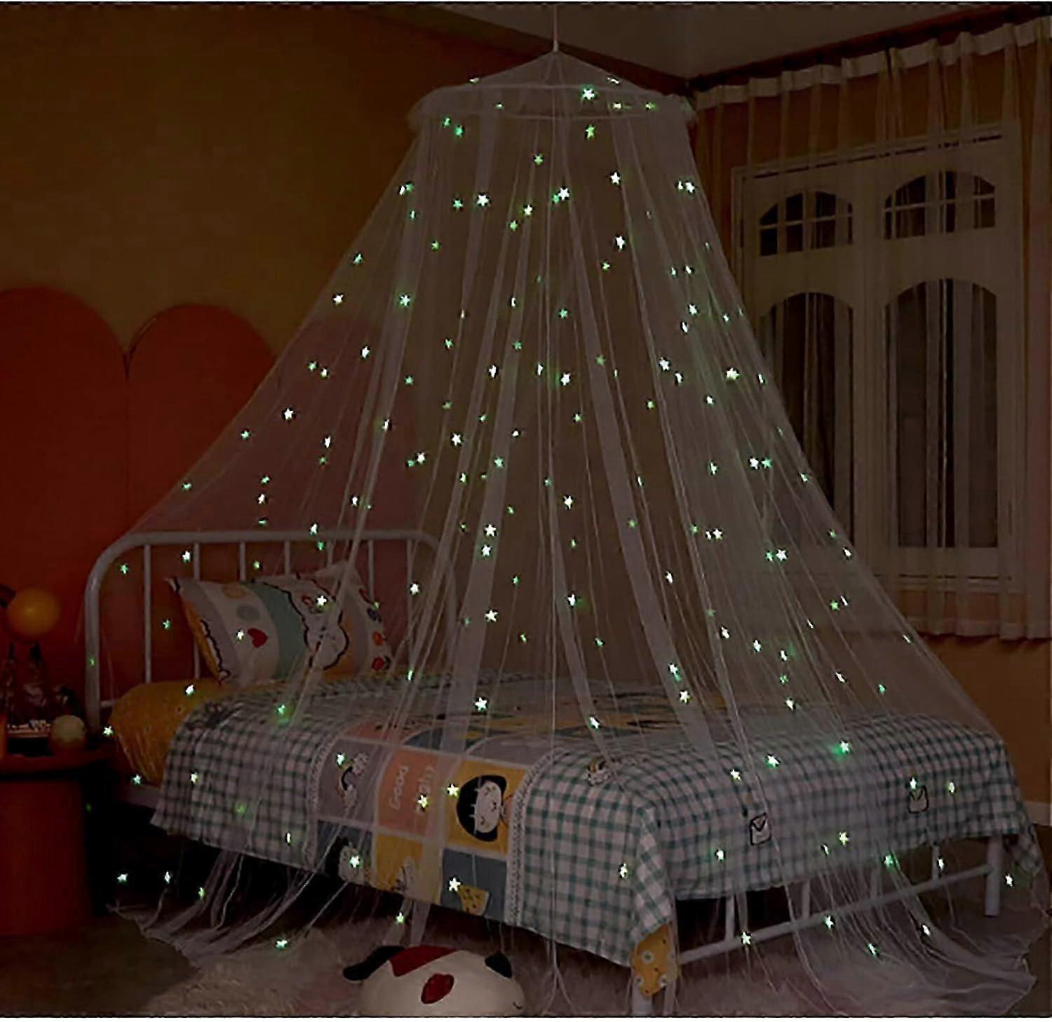Bed Canopy, Dome Princess Canopy Netting with Glowing Stars Round for Girls Women