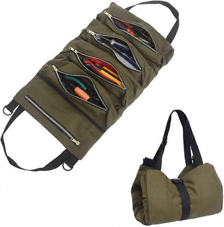 Multi-Purpose Wrench Roll, Canvas Tool Roll Organizer For Professional And Hobbyist Use, With Spacious Zipper Tool Pockets And Compact Design,