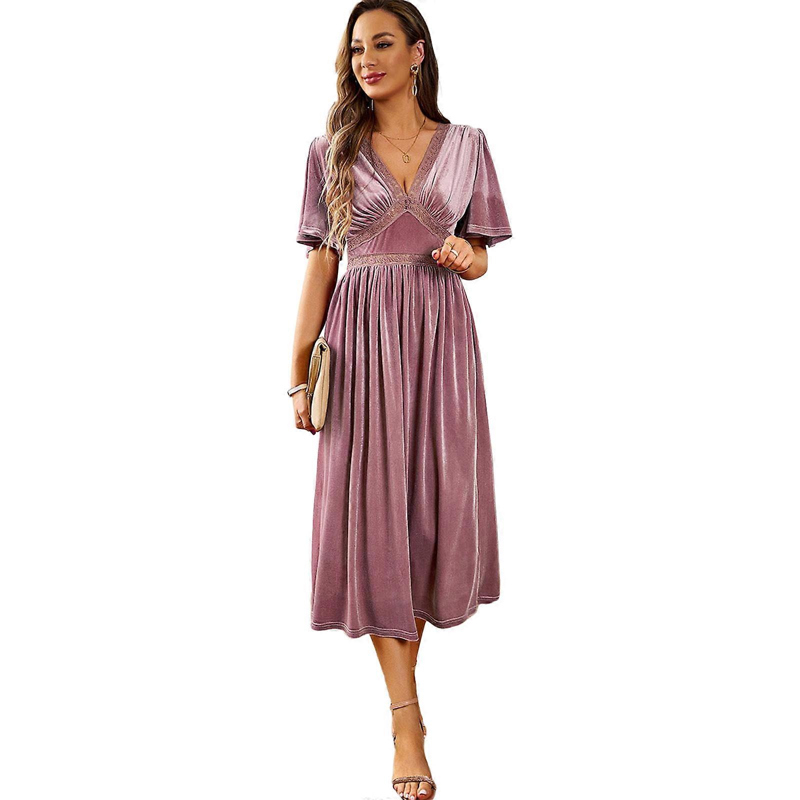 Womens Sexy Velvet Short Sleeve A-line Dress Elegant Midi Party Dress Spring Summer V-Neck Midi Dress  Pink XL