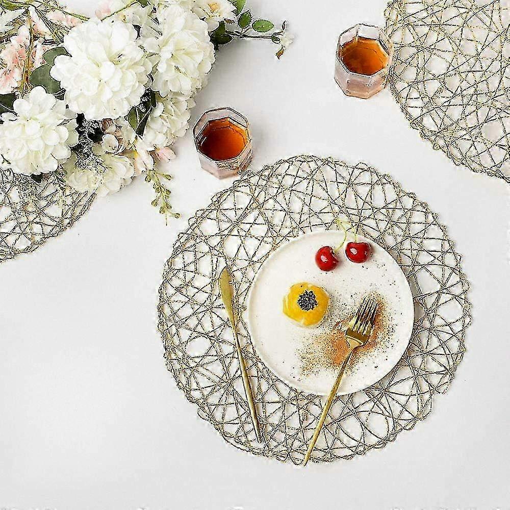Round Gold Woven Placemats Set of 6 - Heat Resistant Non-Slip Dining Table Mats
