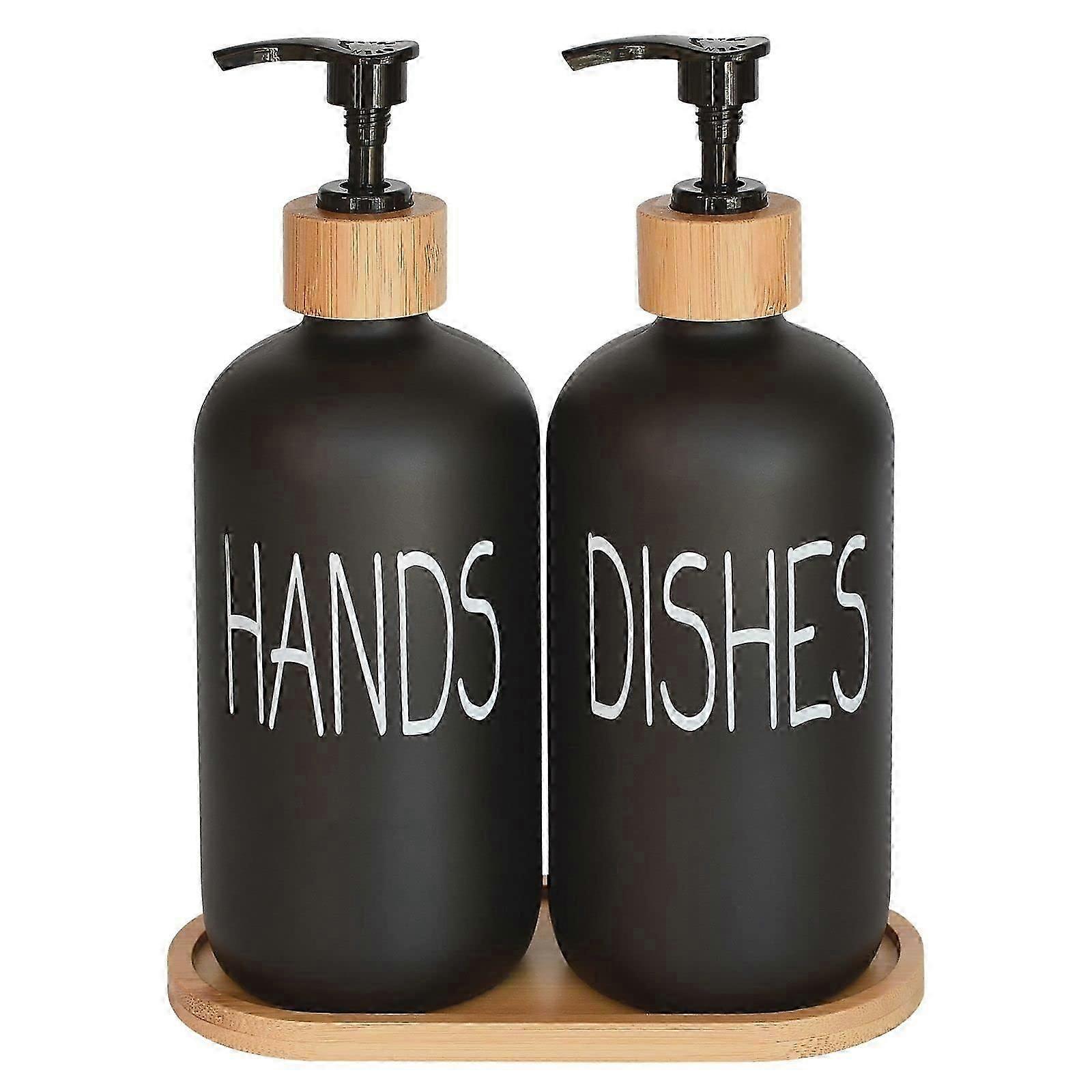 Glazen zeep verdelerset. Handzeep en afwasmiddelverdeler met bamboe dienblad. Vintage zeep...