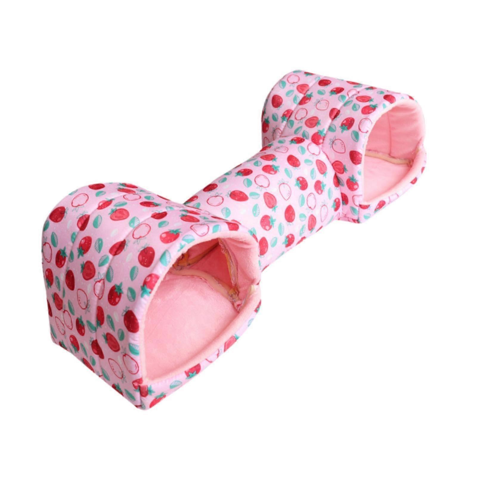 Hamster Tunnel Bed Tube Habitat for Guinea Pigs and Dwarf Rabbits, Spacious Pink Strawberry Hideout Toy, Soft Material