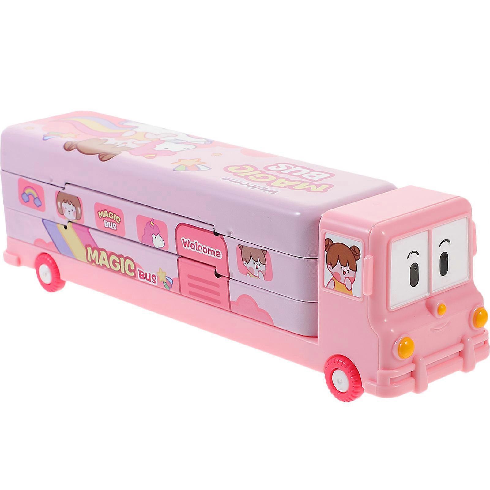Pencil Holders Multi-Compartment Pencil Case Students School Bus Shape 23.80X6.80X5.90CM 1Pack
