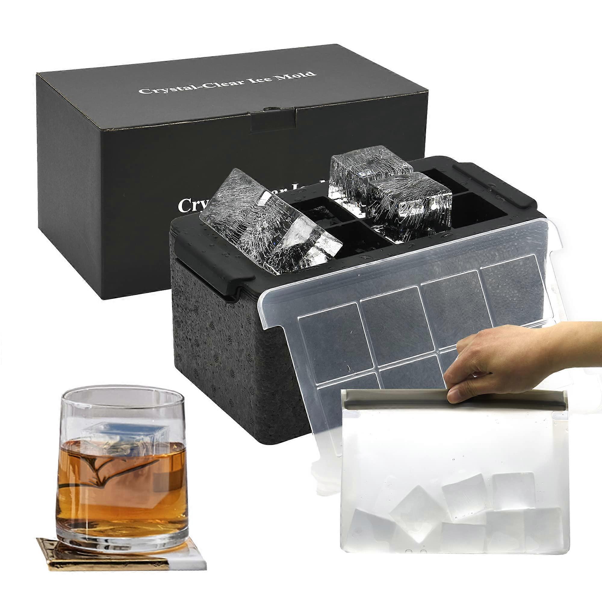 Transparent Ice Cube Trays, 2 Inch Giant Ice Cube Makers, 8 Large Clear Ice Cubes for Whiskey and Cocktails with Storage Bag (Cubes) 28x15.5x13cm