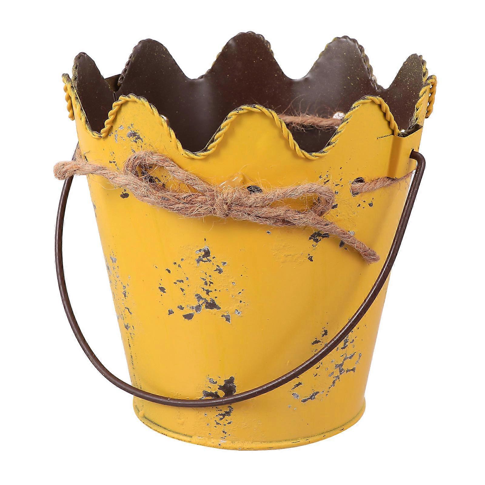 Rustic Flowers Bucket Wavy Edge Mini Flowerpot with Handle Home Gifting Yellow 5.1X5.1X3.3in Storage 1Set