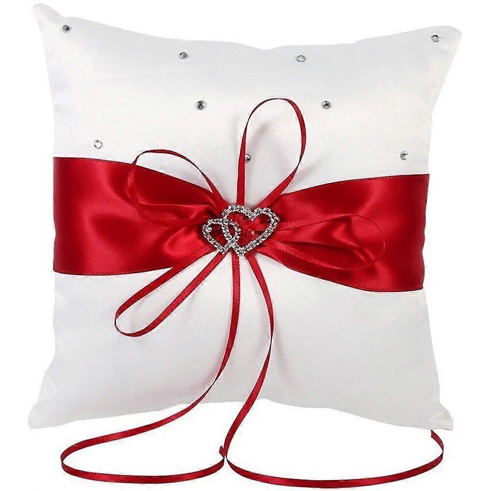 Wedding Ring Pillow Red Carrier Pillow With Bow Double Hearts Diamonds
