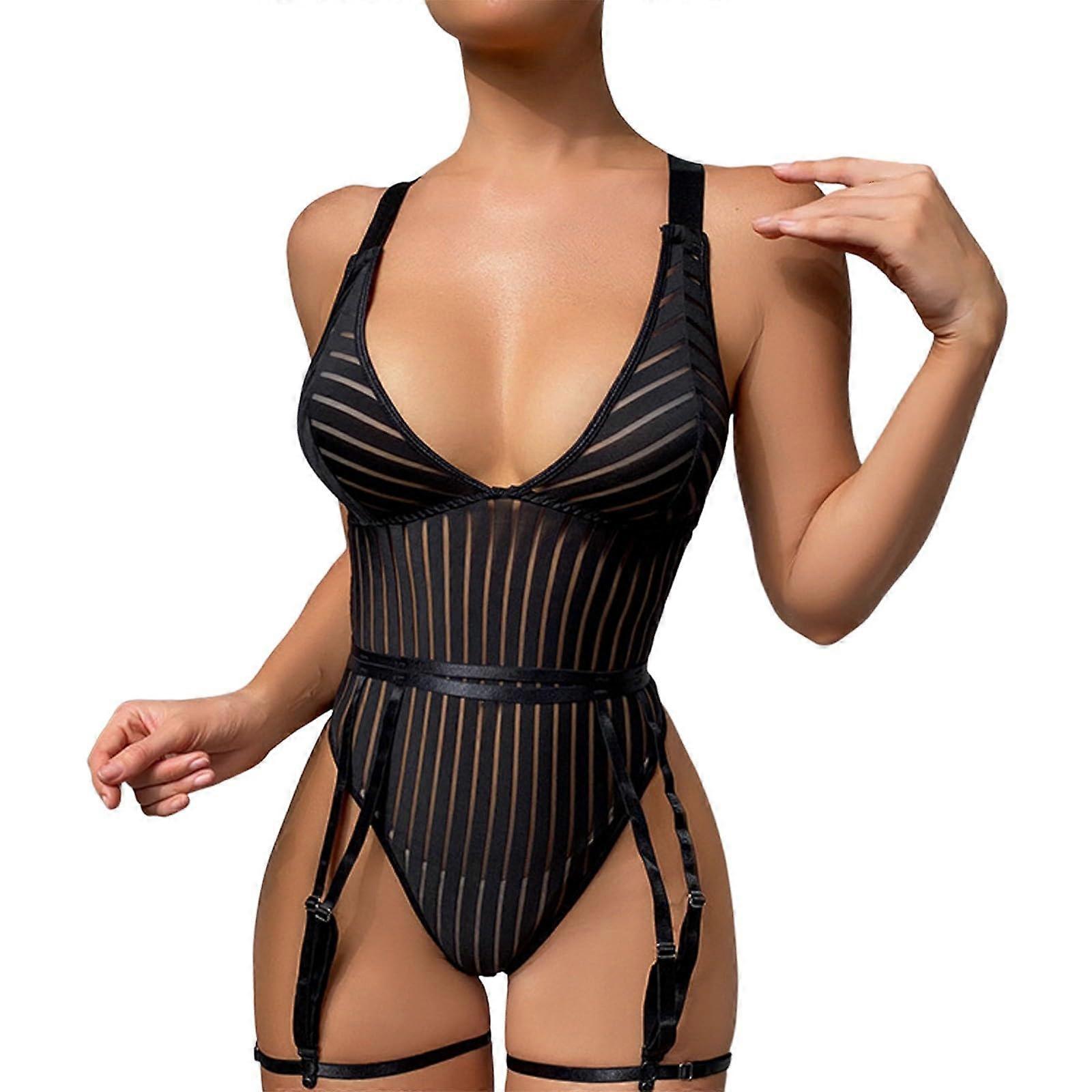 Valentine's Day Pyjamas for Women A1 Black XL Sexy Open Patent Bodysuit Tops Sleepwear Shorts Set Black XXL