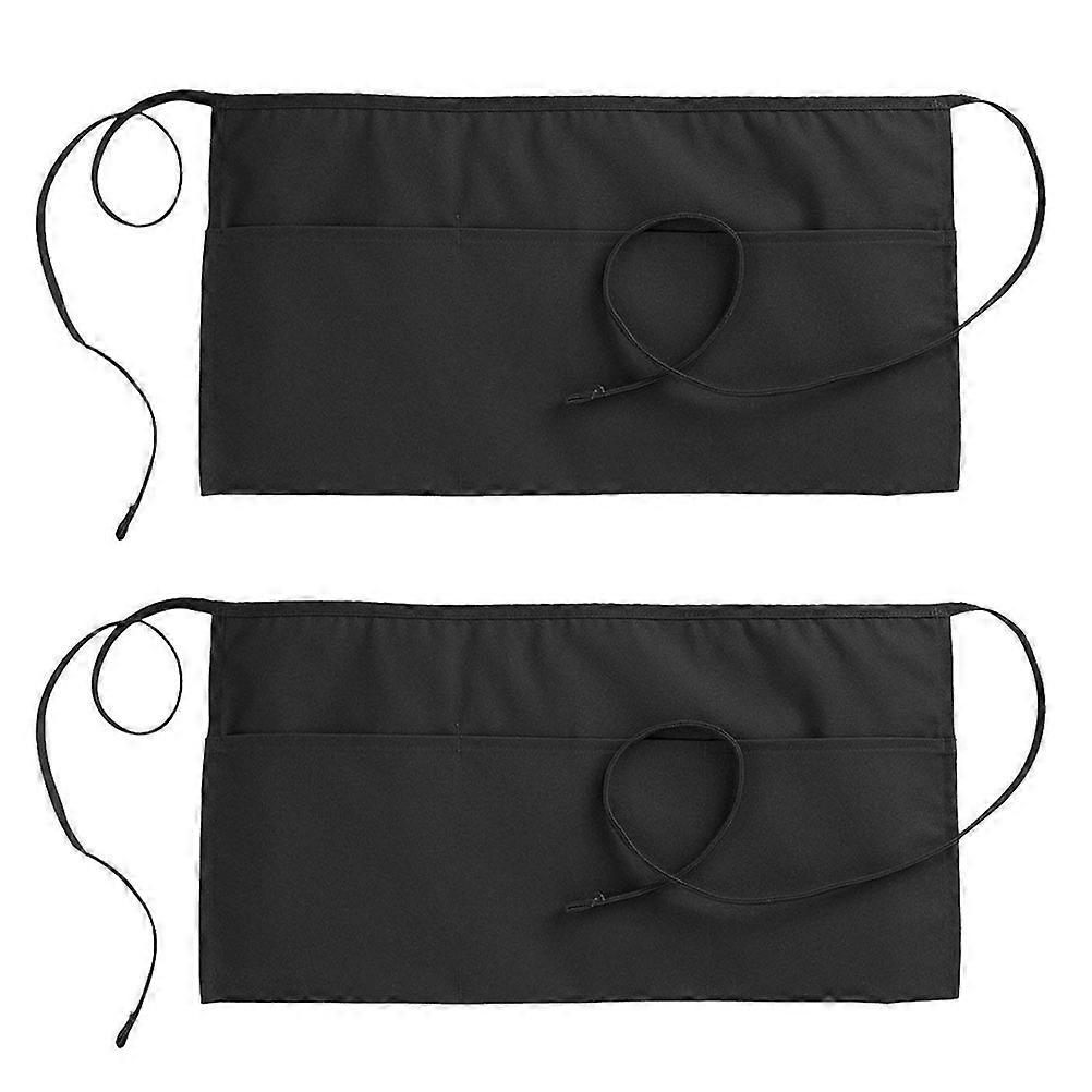 Black Waiter Apron for Kitchen Use Shrinkproof with Pocket Protects Clothes Polyester Cotton Size 2pcs