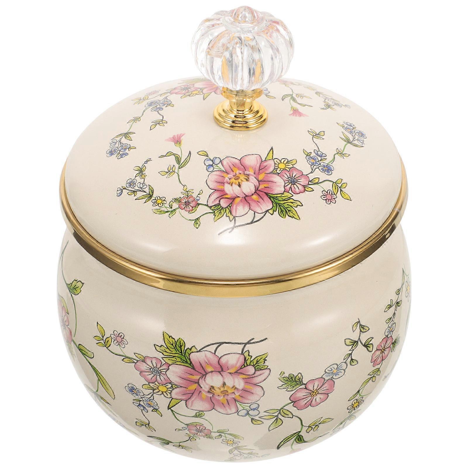 Enamel Canister with Decorative Flower Pattern, Airtight Storage Jar for Candy, Snacks & Seasonings, Stylish Design for Home & Restaurant Use