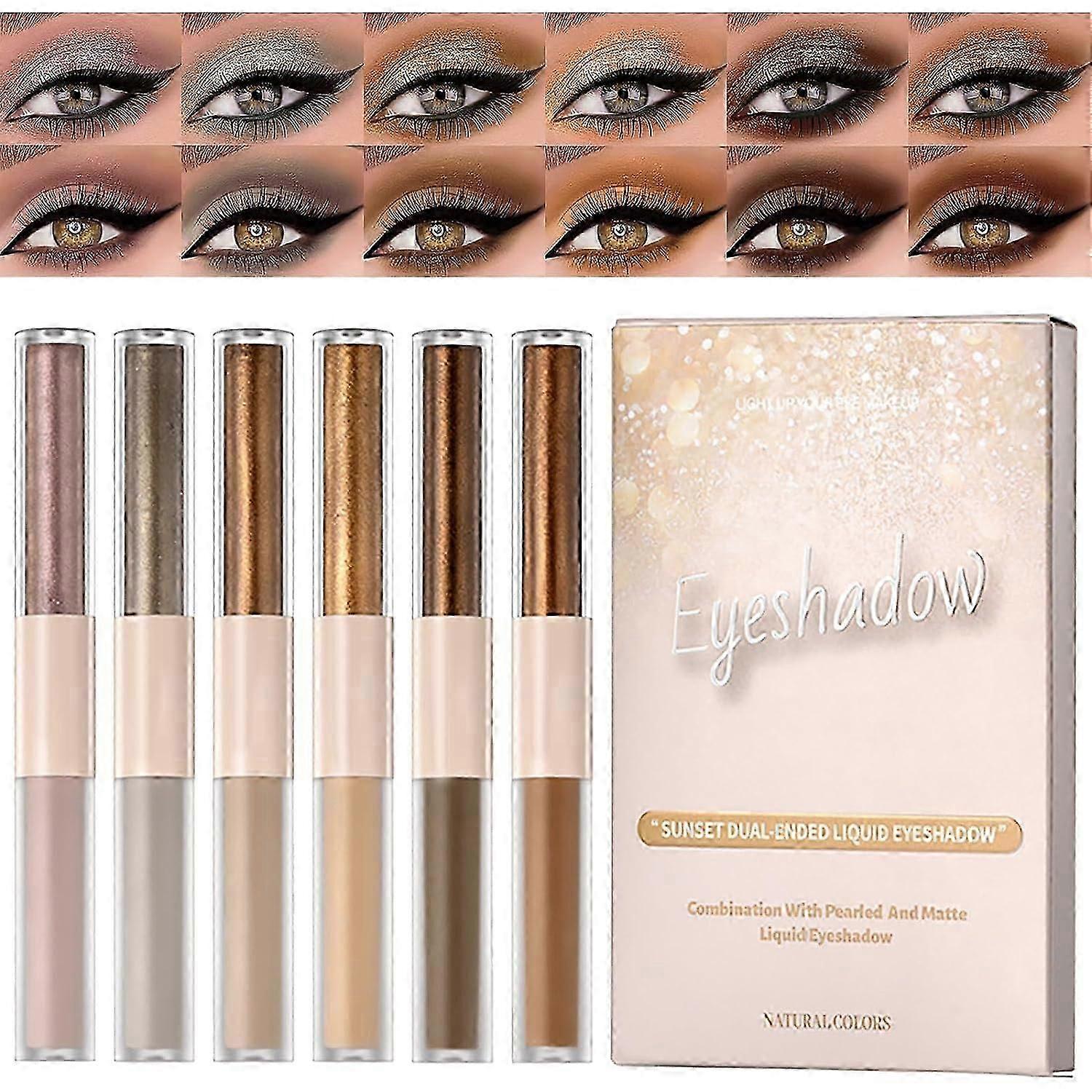 6kpl Liquid Glitter mattaluomiväriä, neutraali ruskea nestemäinen glittereyeliner ja mattavoide luomiväri 2 in 1, nopeasti kuivuva, pitkäkestoinen