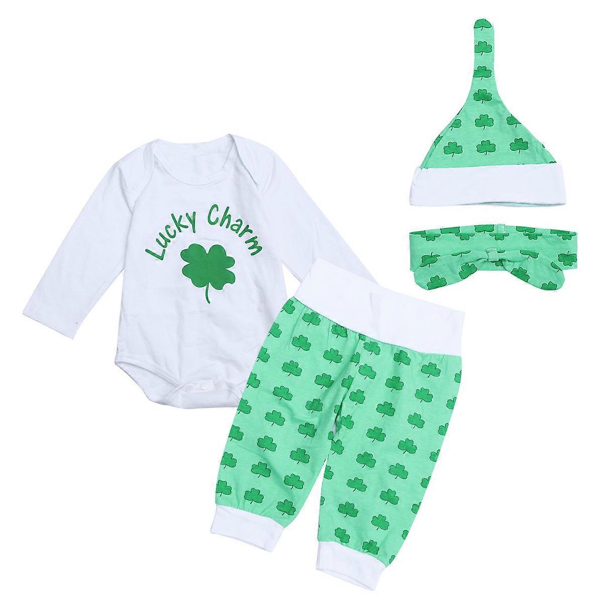 Infant Girl Outfits Long Sleeve Romper With Clover Printed Pants Headband Hat Bodysuit Set 80cm White Festive -Piece Set
