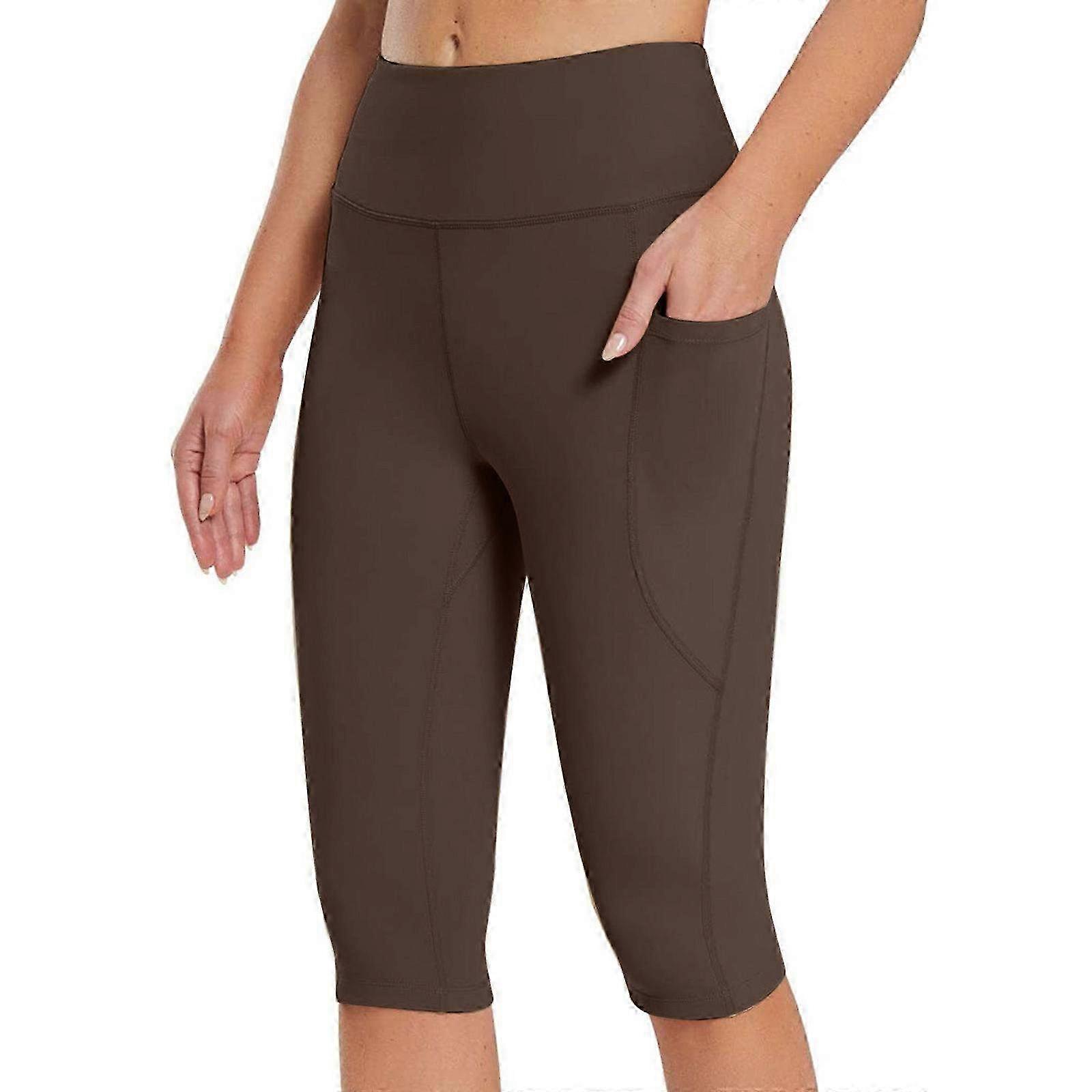 Women's High Waist Yoga Capris Pants with Pockets for Workout, Tummy Control Stretchy Leggings in Brown Size M