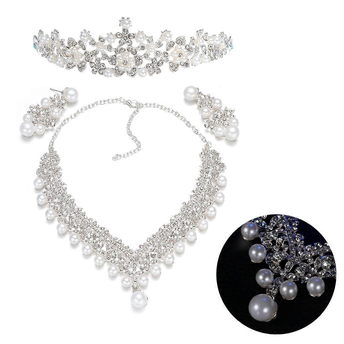 Elegant Bridal Tiara Necklace and Earrings Set with Rhinestones Pearls and Alloy in Silver Color for Wedding Decoration