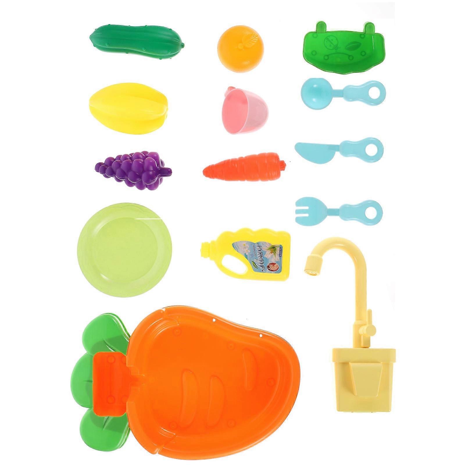 Children's Play Toys Kitchen Sink Drain Toy Simulation Set 14-Pcs For Role-Playing Washing Scenes Orange Plastic
