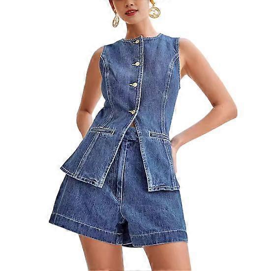 Kvinnors 2-delade denimkläder Button Down Ärmlös Linne Och Shorts Set Casual Business Jean Kavaj Väst Set