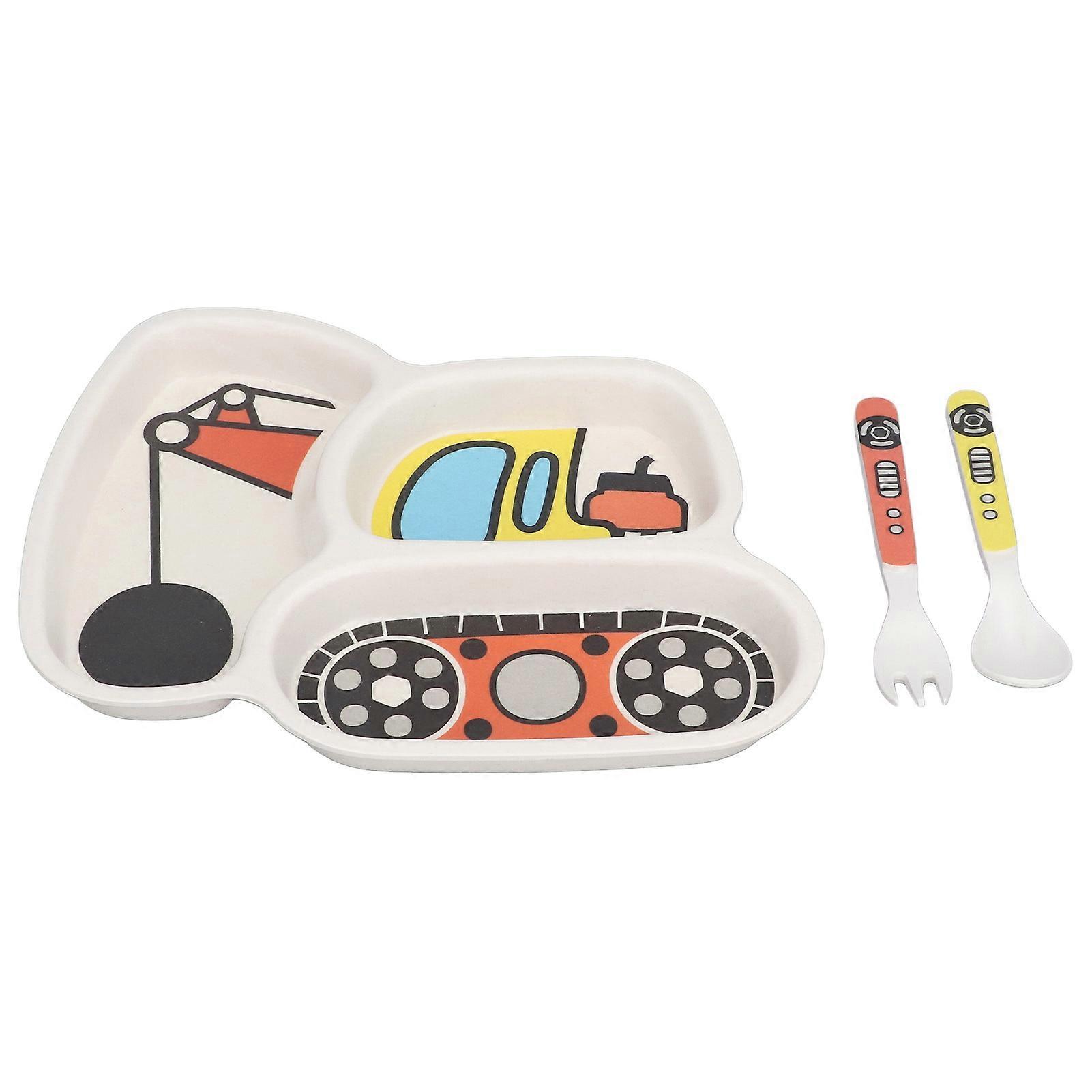 Children Tableware Set Cartoon Printed Unbreakable Divided Plate Toddler Eating Utensil Set with Fork Spoon Chain Block