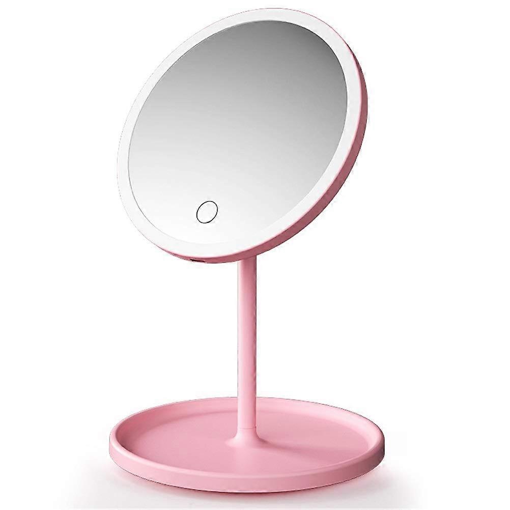 3 Modes LED Makeup Mirror with Natural Light Movable Base Storable Design Pink Color for Home Travel Beauty Routines
