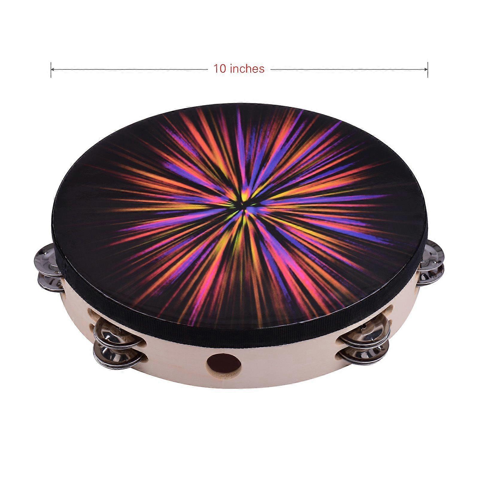 10 Inch Wooden Rdiant Tambourine Handbell Hand Drum with Double Row Jingles Reflective Drum Head Percussion Instrument Musical Toy